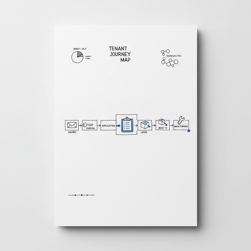 Close-up notebook page with hand-sketched tenant journey map for property management CRM showing inquiry, showing, application, lease, move-in and maintenance with dark ink and blue accents