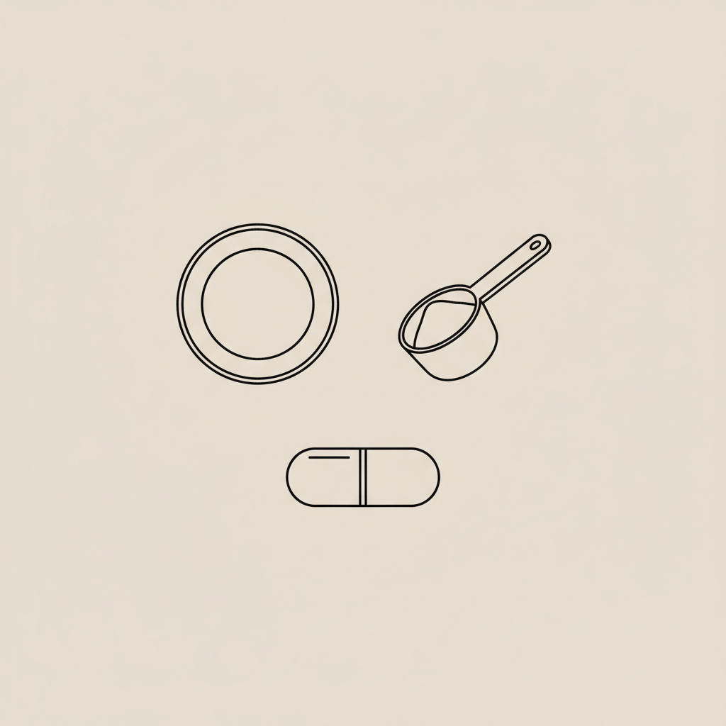 Minimal 2D vector line illustration of a plate, protein scoop and capsule on beige background — when should women take protein powder for weight loss