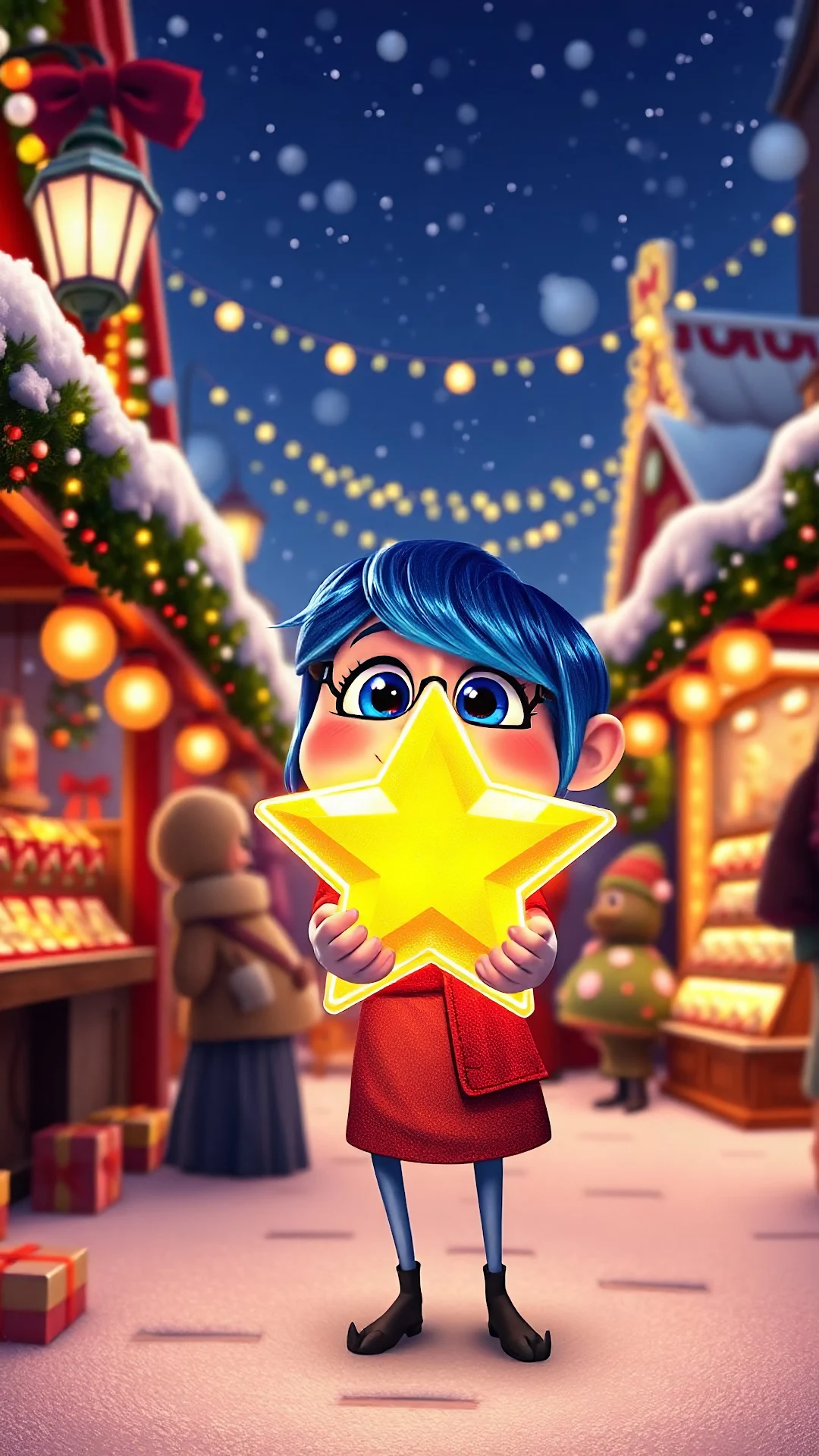 Blue-Haired Girl Holding Glowing Star in Market - Free 4K mobile Wallpaper