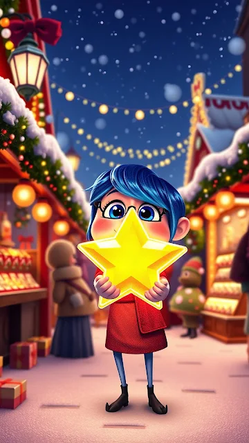 Blue-Haired Girl Holding Glowing Star in Market