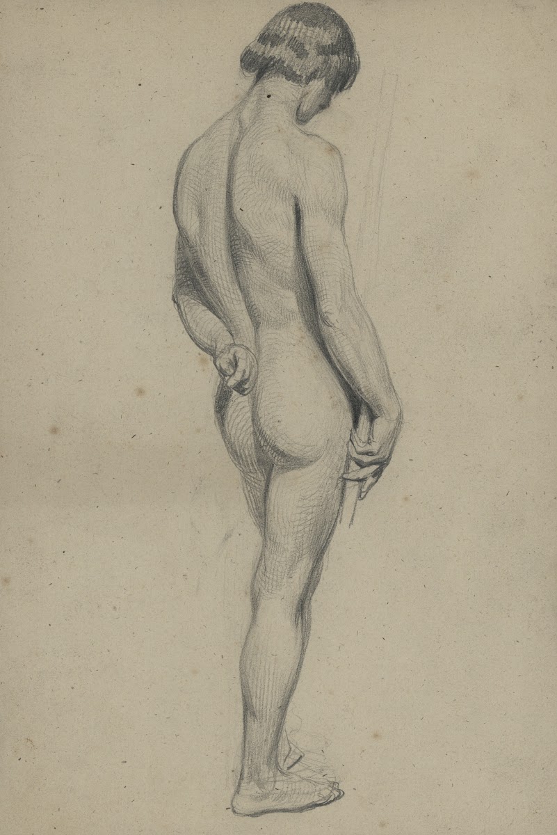 Academic nude of a standing man with a long staff 19th century