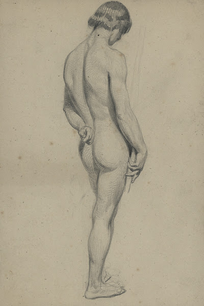 Academic nude of a standing man with a long staff 19th century