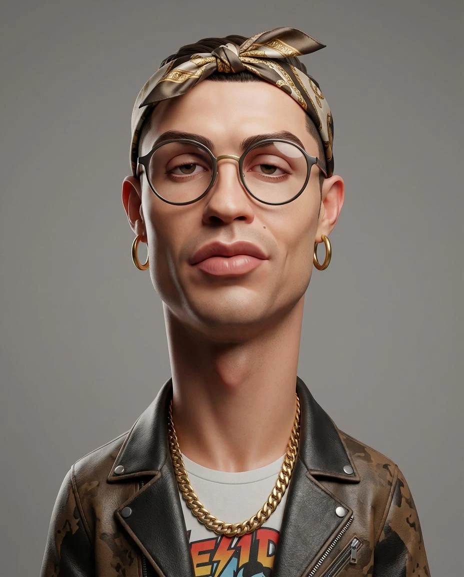 Crea un retrato de personaje de caricatura 3D estilizado y exagerado con una fuerte deformación intencional y un...