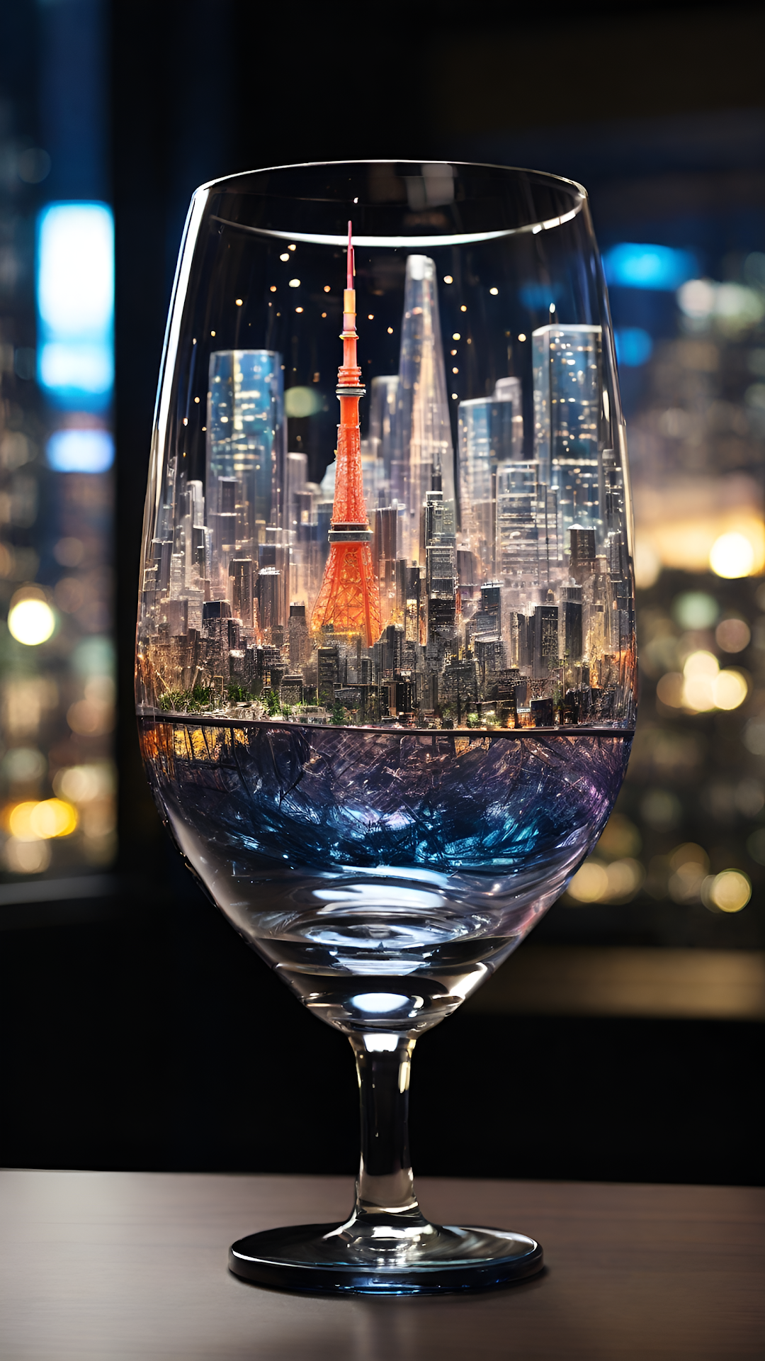 Tokyo Cityscape Reflected Inside a Wine Glass at Night - Free 4K mobile Wallpaper