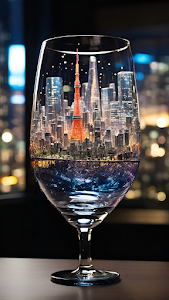 Tokyo Cityscape Reflected Inside a Wine Glass at Night
