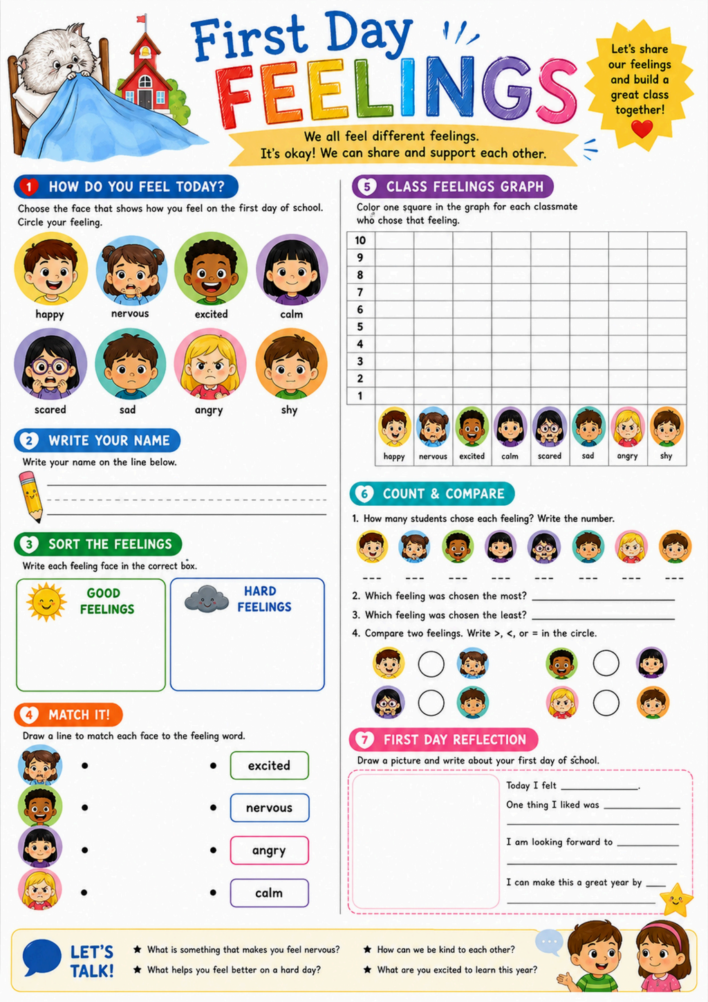 First Day Feelings Worksheet Activity