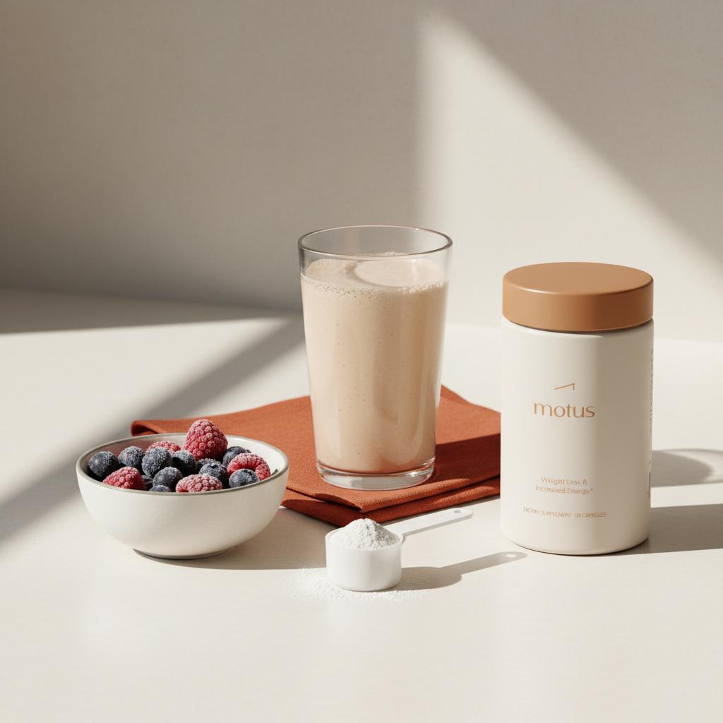 Minimalist breakfast still life with a glass blended healthiest protein shake, frozen berries, measuring scoop and Tonum Motus bottle on a #F2E5D5 counter