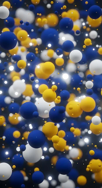 Abstract Blue Yellow White Spheres Floating Bubbles Art