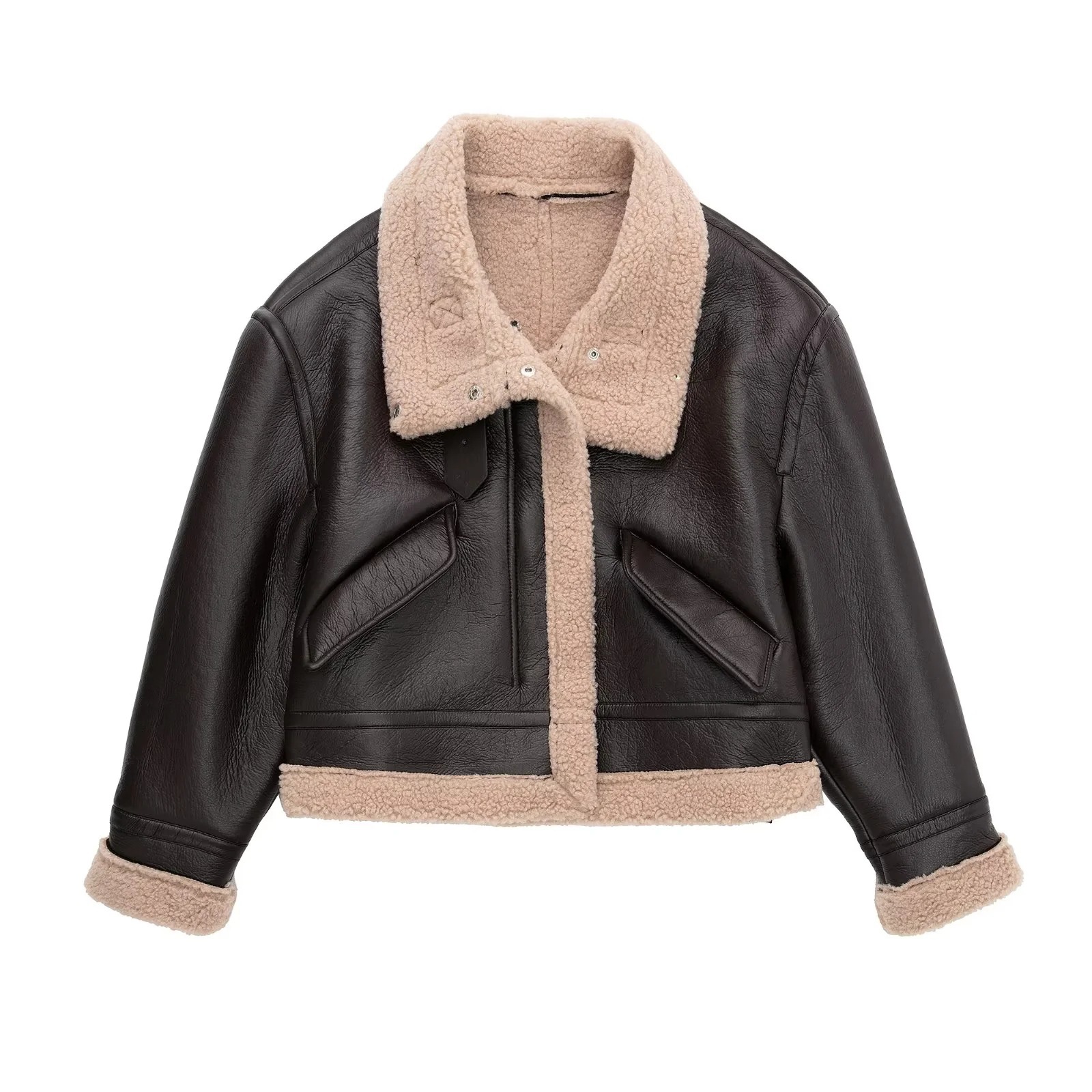 Gefütterte Kunstlederjacke mit Lammfell-Optik und Schnürung