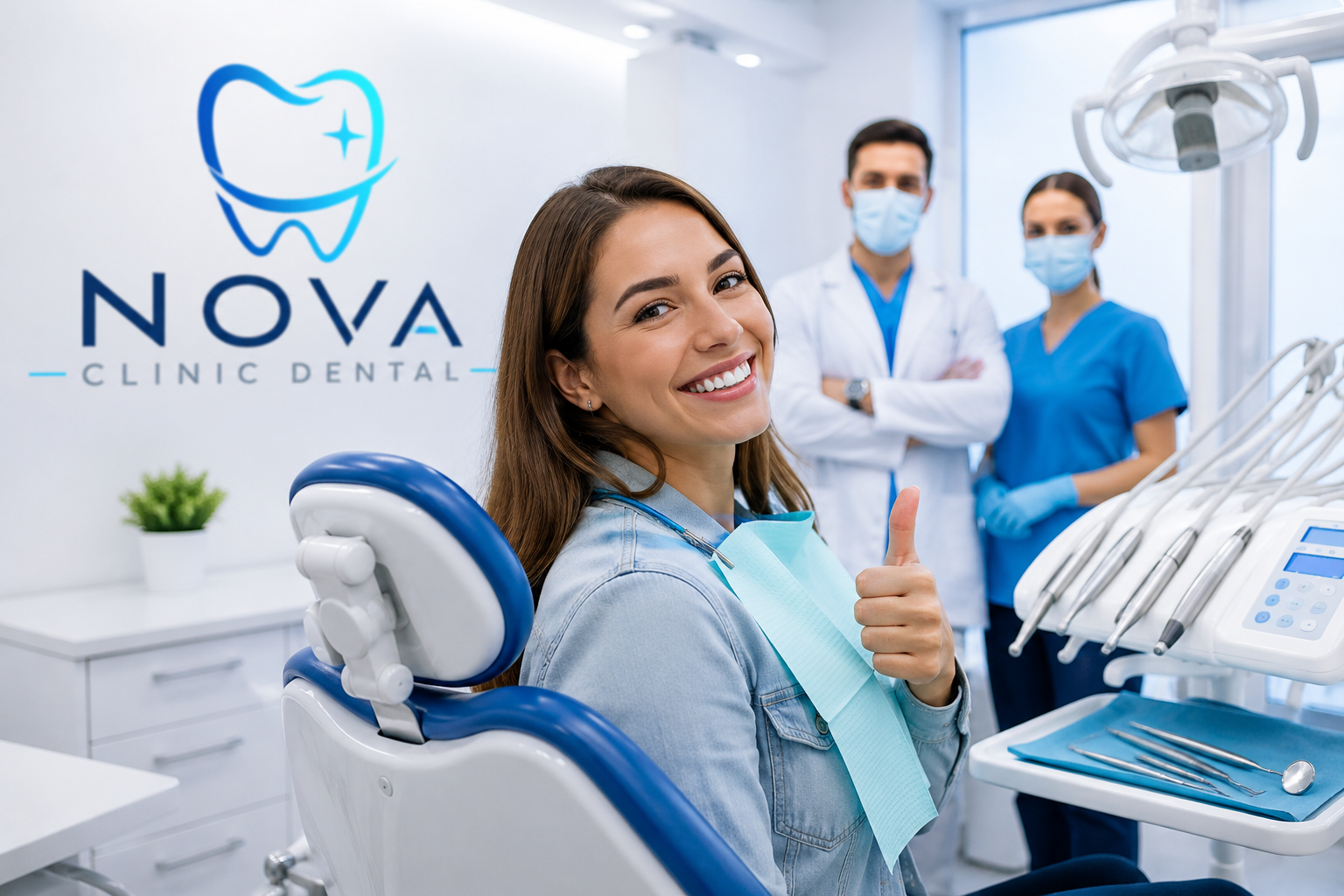 Happy patient giving a thumbs up in the dental chair at Nova Clinic Dental, with the dentist and assistant behind her