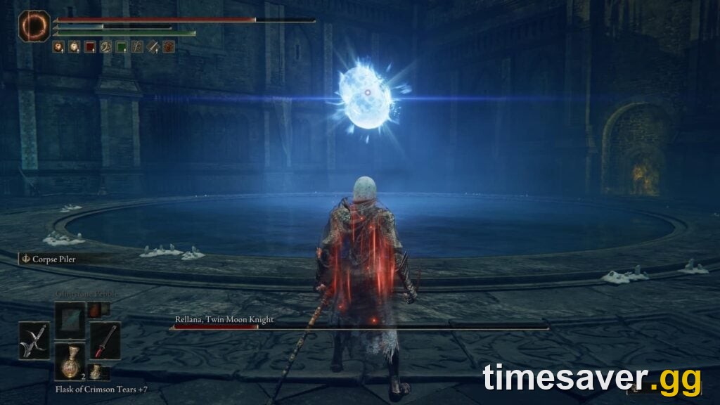 Rellana casting her second-phase Twin Moons attack, the moons forming above the arena in Elden Ring: Shadow of the Erdtree
