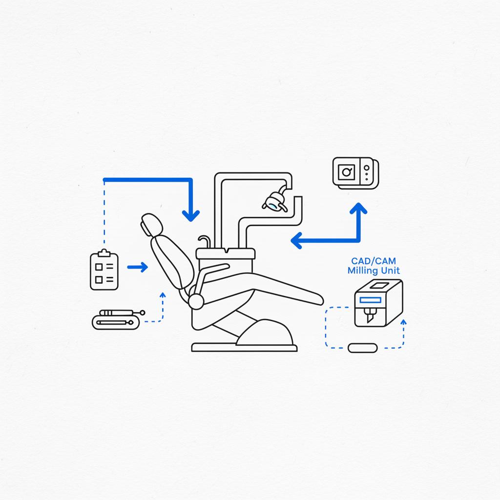 Top-down minimalist sketch of a modern dental operatory workflow showing operatory chair, imaging machine and CAD/CAM milling unit connected by arrows &mdash; most profitable dental service
