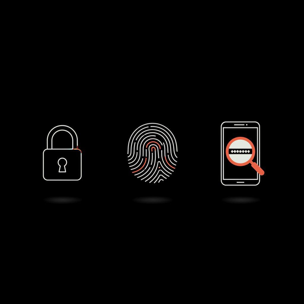 Minimal vector infographic with lock, fingerprint and phone with magnifying glass over a password line on black background using brand colors for passwords article