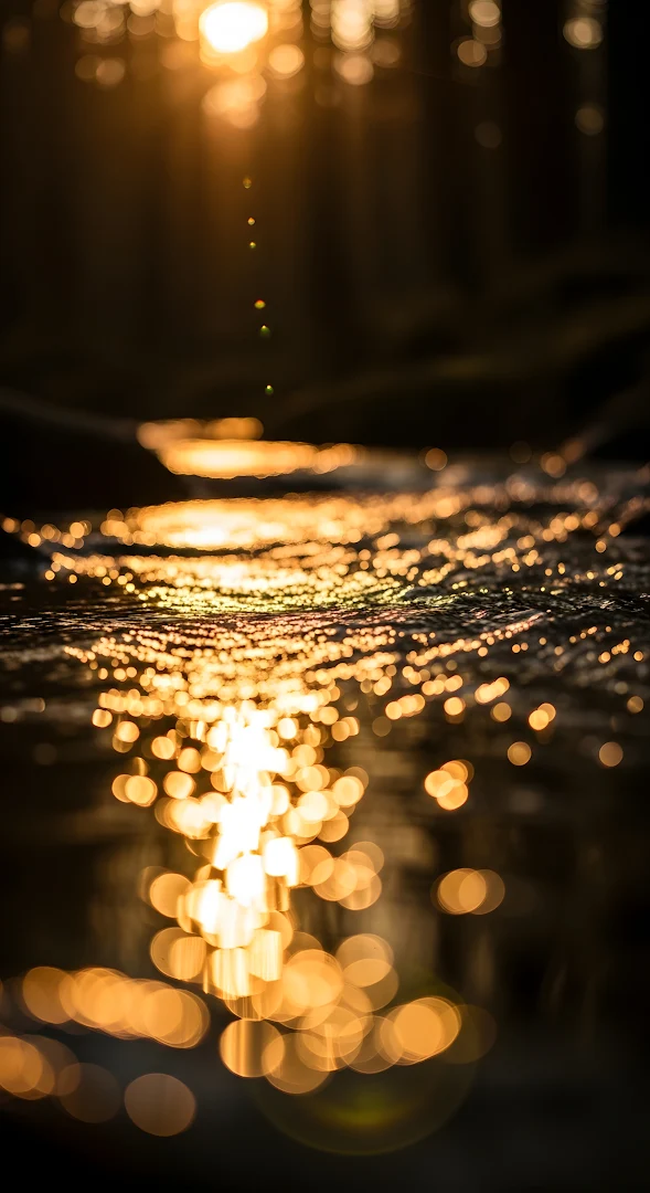 Golden Sunlight Reflection Bokeh on Dark Water Surface
