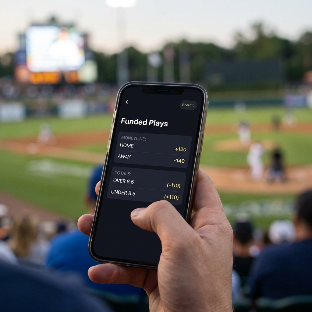 Close up of a smartphone showing a bet slip with moneyline and totals during a live baseball game clean minimalist Funded Plays style ideal for online baseball betting