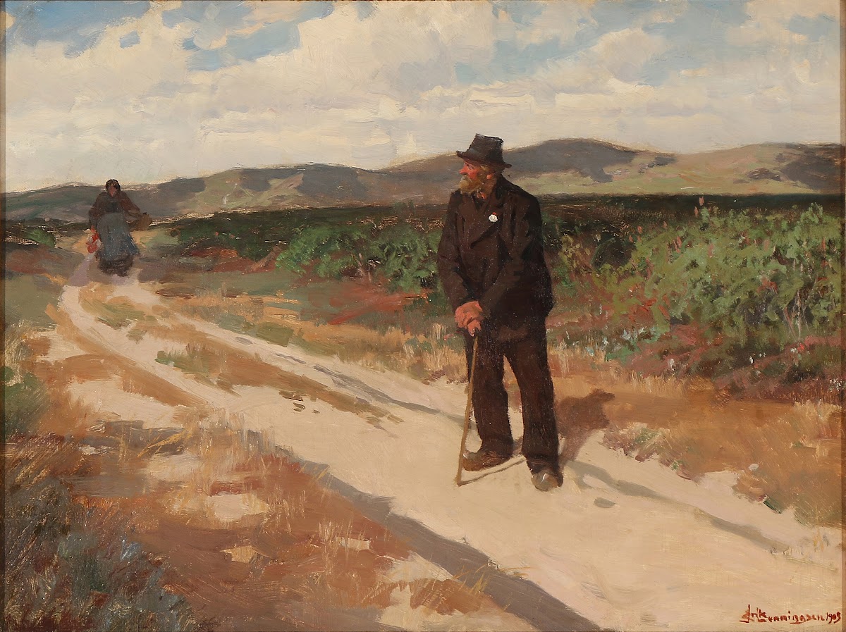 Landskab med en mand og en kone på en grusvej 1903