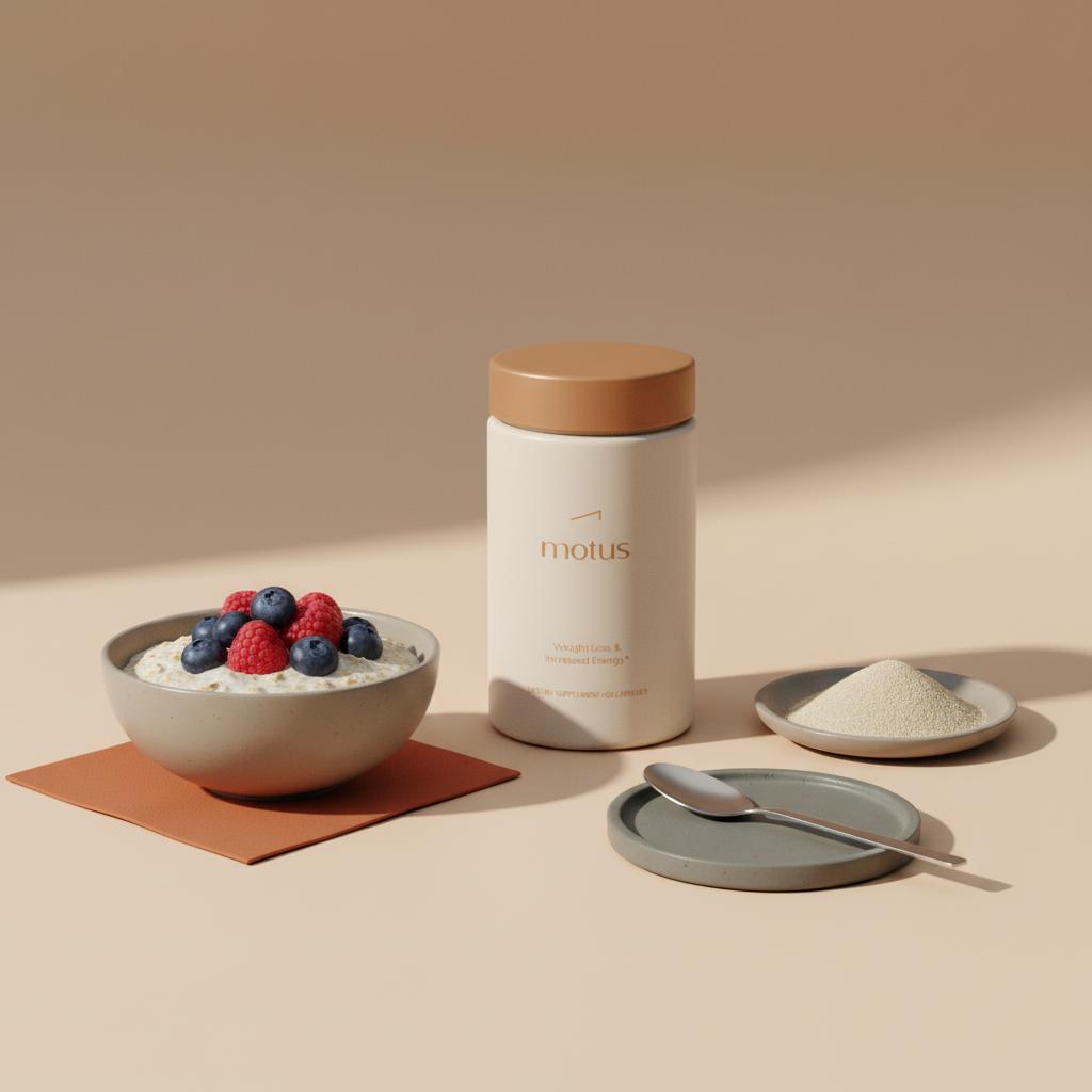 Tonum Motus container beside a bowl of oatmeal with berries and a dish of psyllium powder on a beige background — best supplement for food cravings