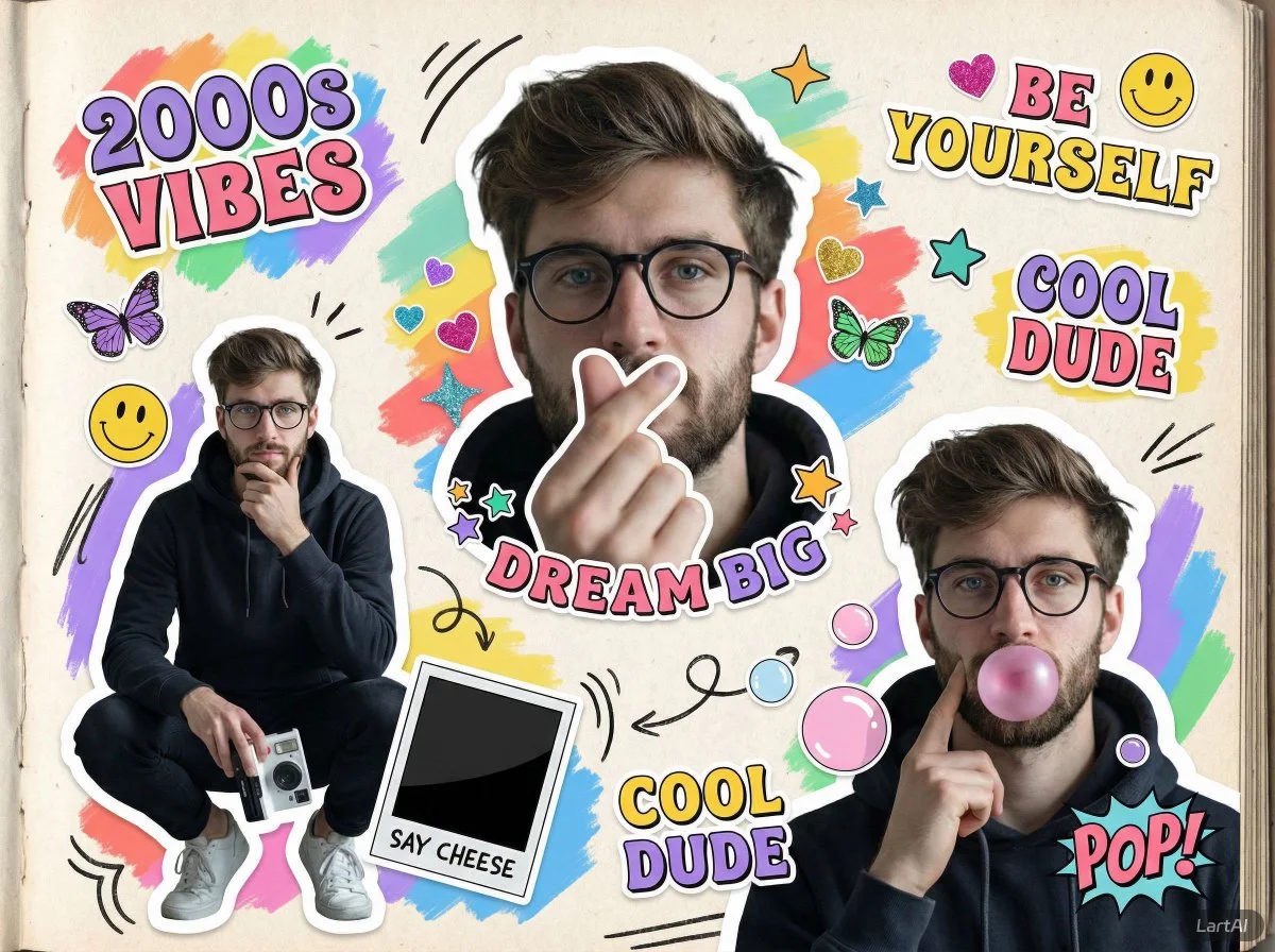 Un vibrante collage estilo álbum de recortes de la década de 2000 que presenta múltiples poses recortadas de un hombre joven.