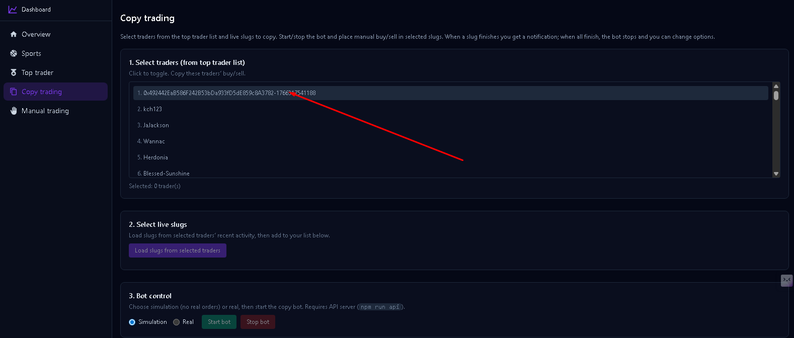 Copy trading - bot control and logs