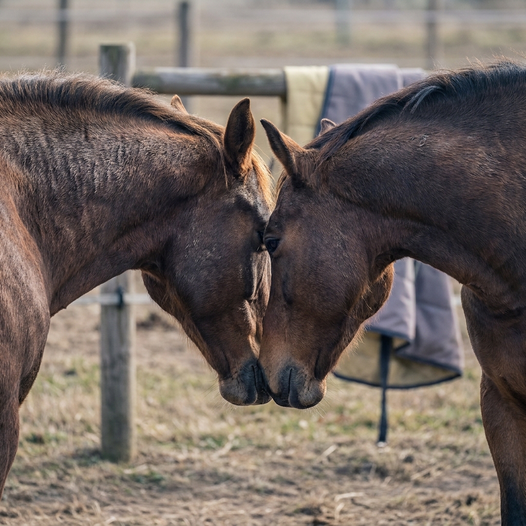 Two horses mutual grooming in a clean paddock showing clear neck and withers contact minimalist Funded Plays aesthetic darkhorseodds