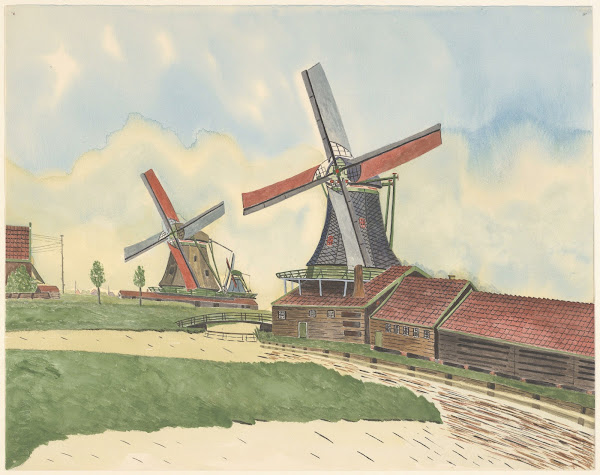 Papiermolen De Bijenkorf en verfmolen De Valk met op de achtergrond een derde mo