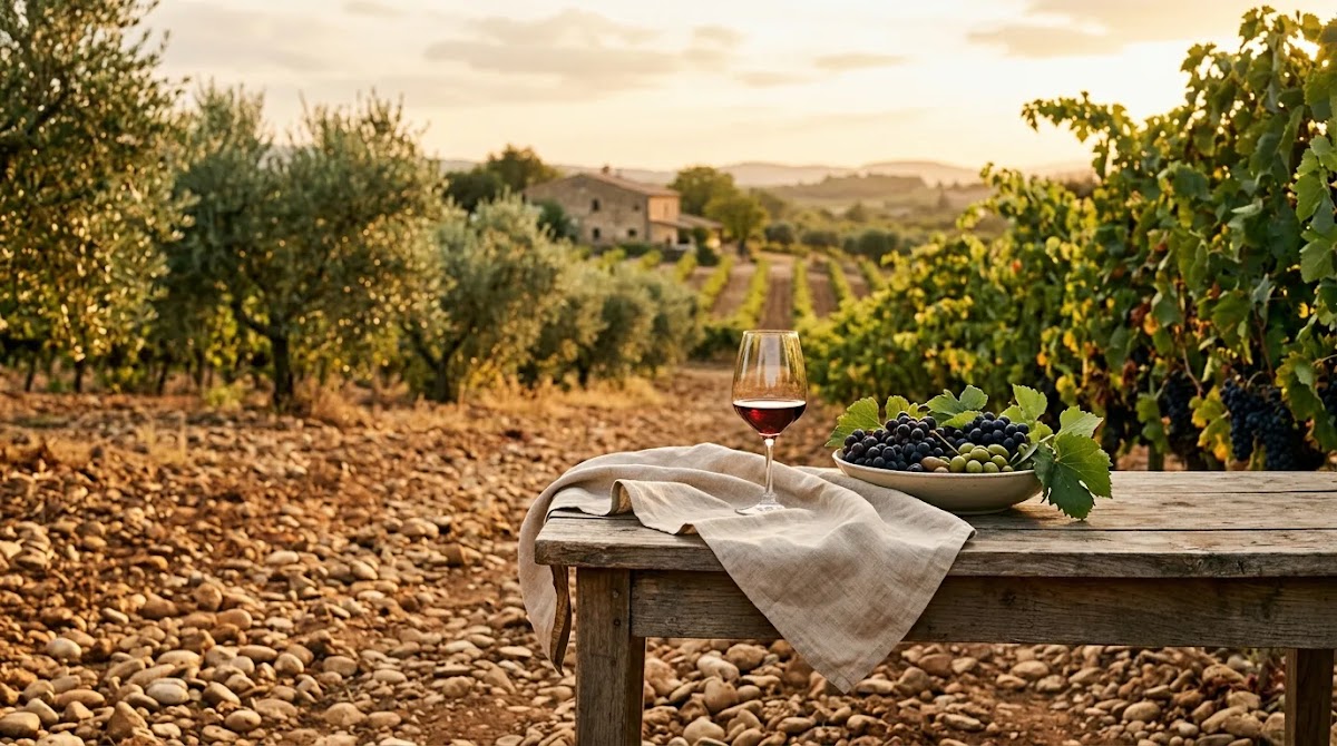 Rhone Valley wine setting inspired by Southern Rhône Grenache vineyards, galets stones, and warm Mediterranean light