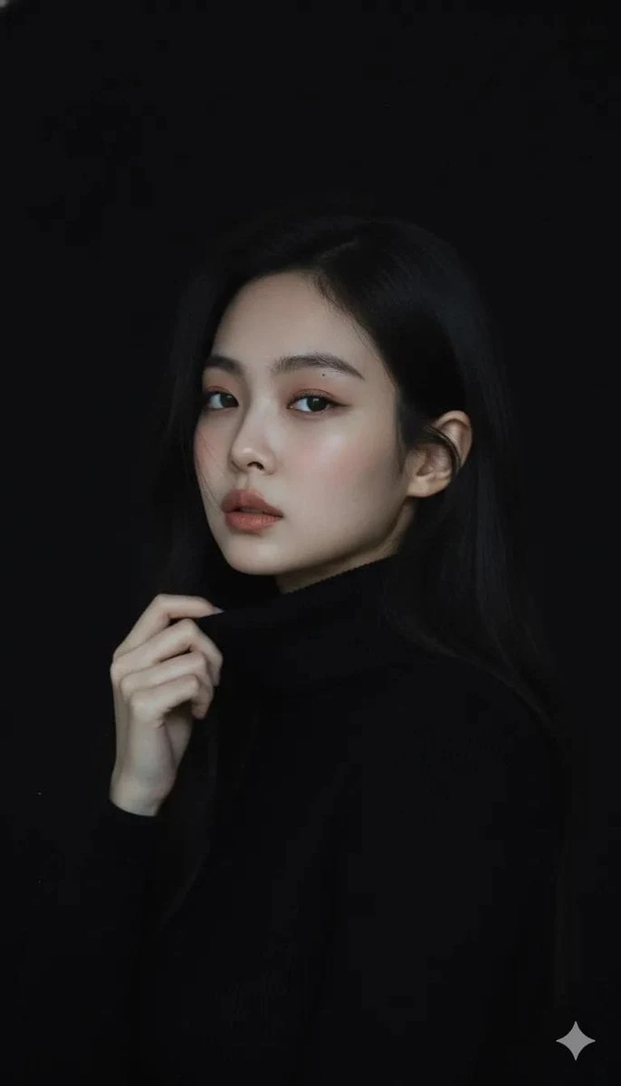 Retrato cinematográfico melancólico de una joven de piel clara y tersa, con un maquillaje apenas perceptible y labios naturales de tono cálido.