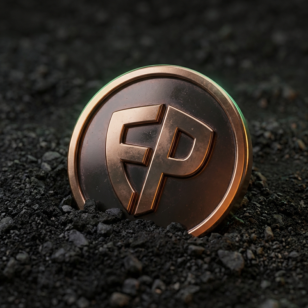 Close up realistic coin half buried in dark textured surface with green rim light and warm gold reflections editorial photo which coin is next bitcoin