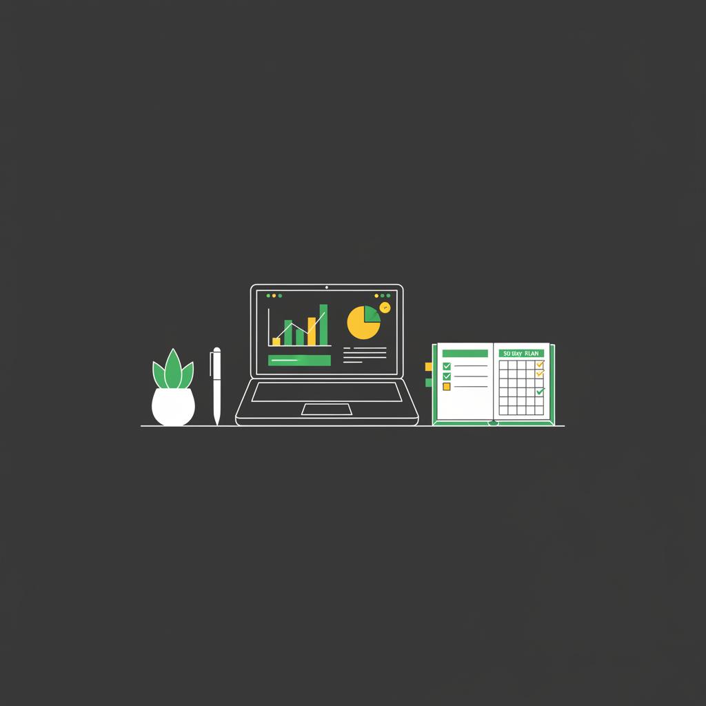 Minimalist 2D vector desk with laptop showing simplified analytics and an open notebook with a 90 day plan grid representing creators to generate passive income online