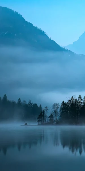 Mountain Lake, Foggy Landscape, Swan, Tranquil Scenery 5K Wallpaper Background