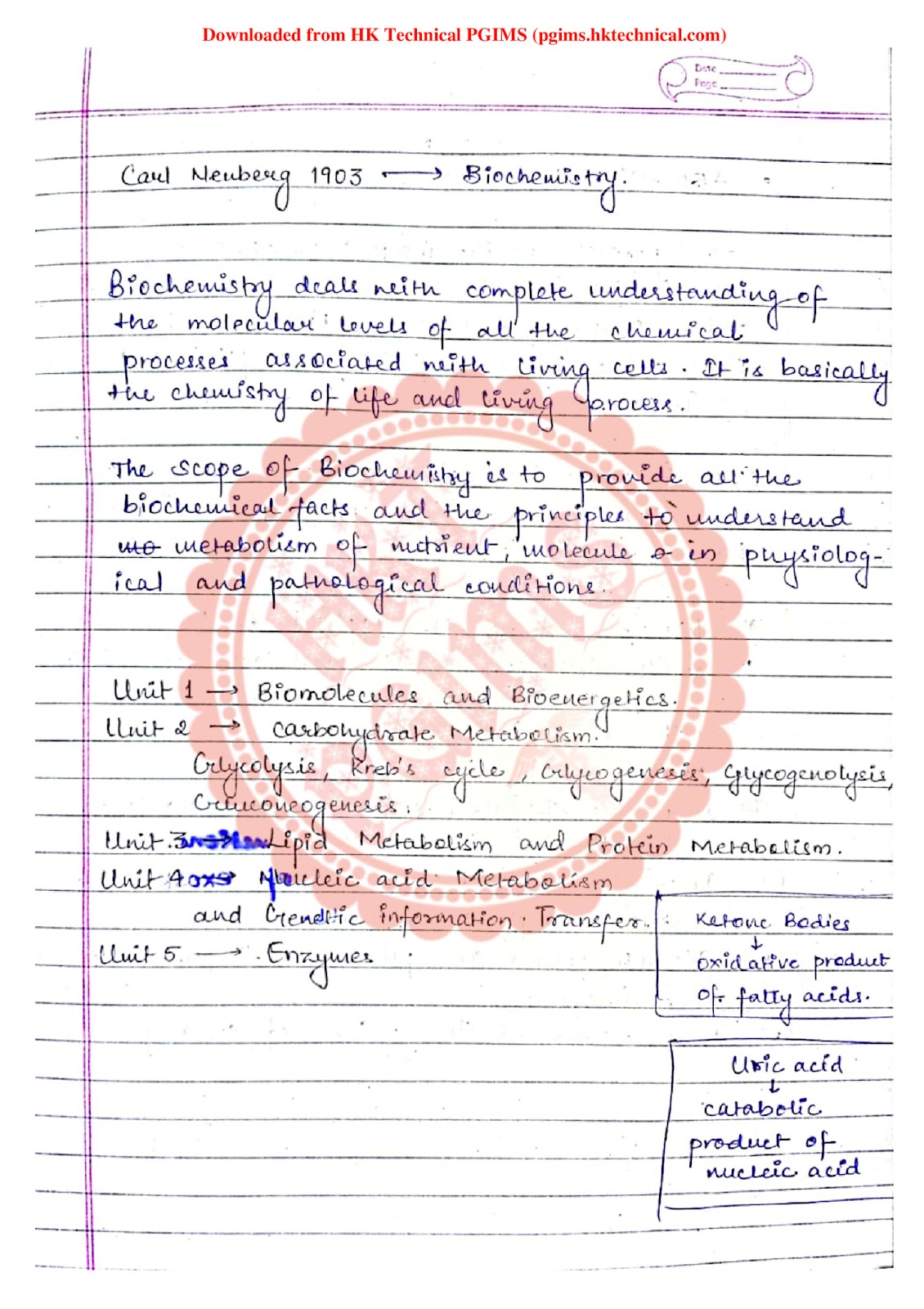 Biochemistry unit-1 Handwritten 2nd Semester B.Pharmacy ,BP203T Biochemistry,