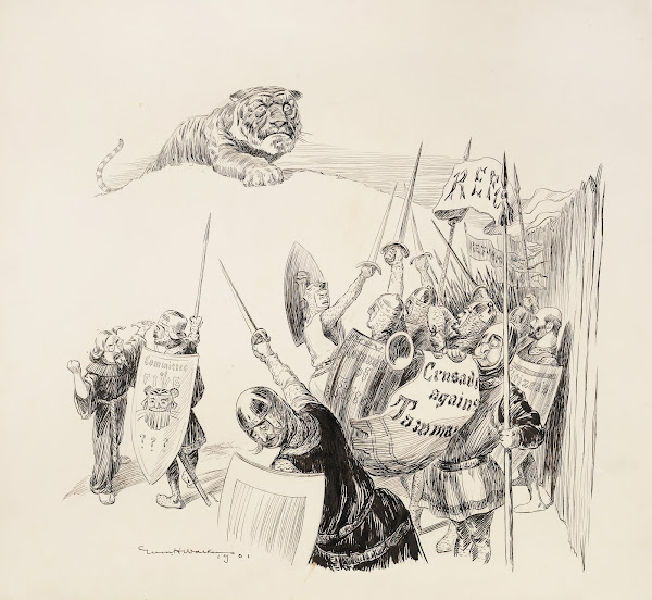 The Committee of Five and citizens are depicted as knights on a crusade against