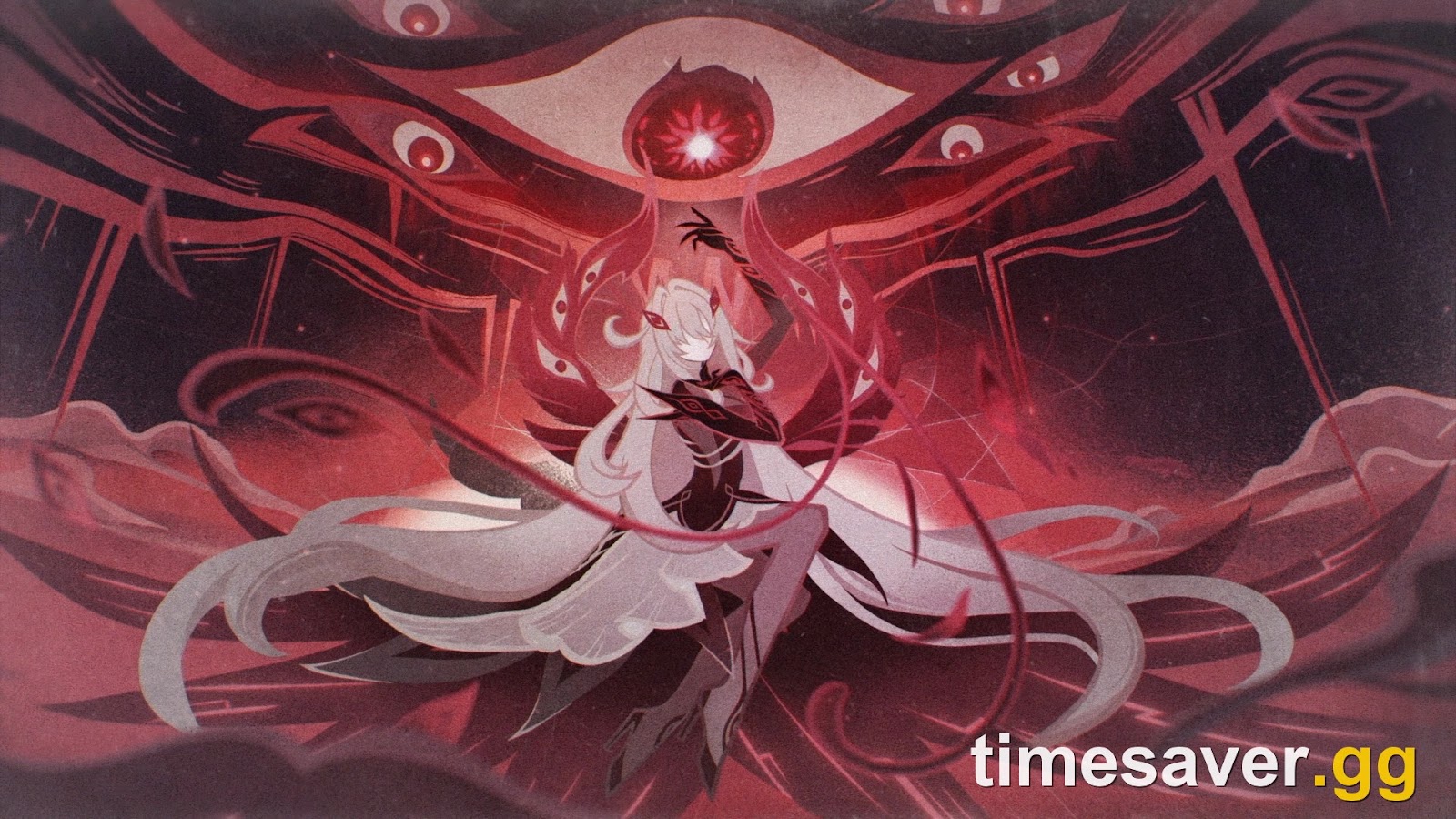 Official Genshin Impact illustration of Ronova, the Ruler of Death, enthroned beneath a vast red eye