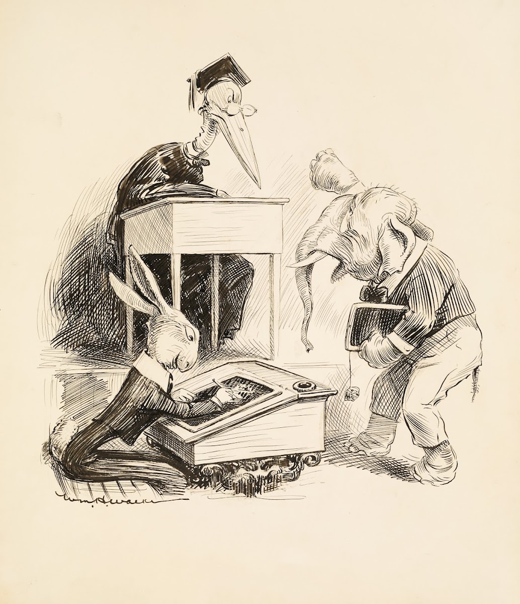 A classroom The teacher a stork is angry at one of his students an elephant 1908