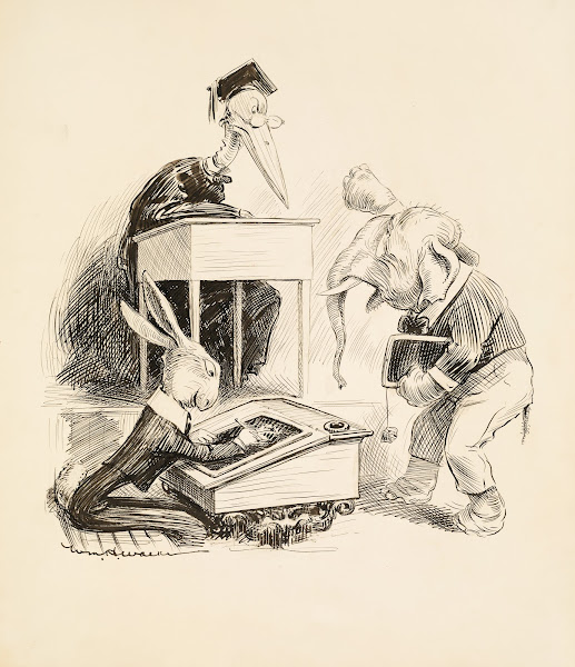 A classroom The teacher a stork is angry at one of his students an elephant 1908