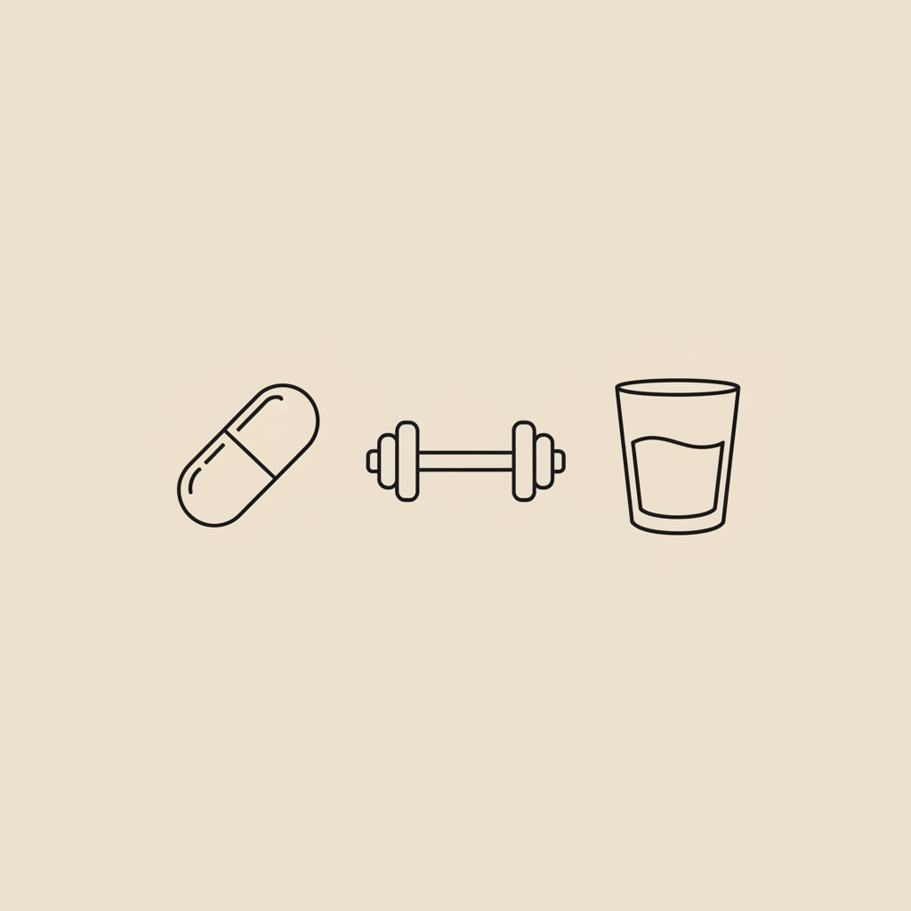 Minimalist line illustration of a creatine capsule, small dumbbell, and water glass on beige background #F2E5D5, thin black outlines in Tonum style