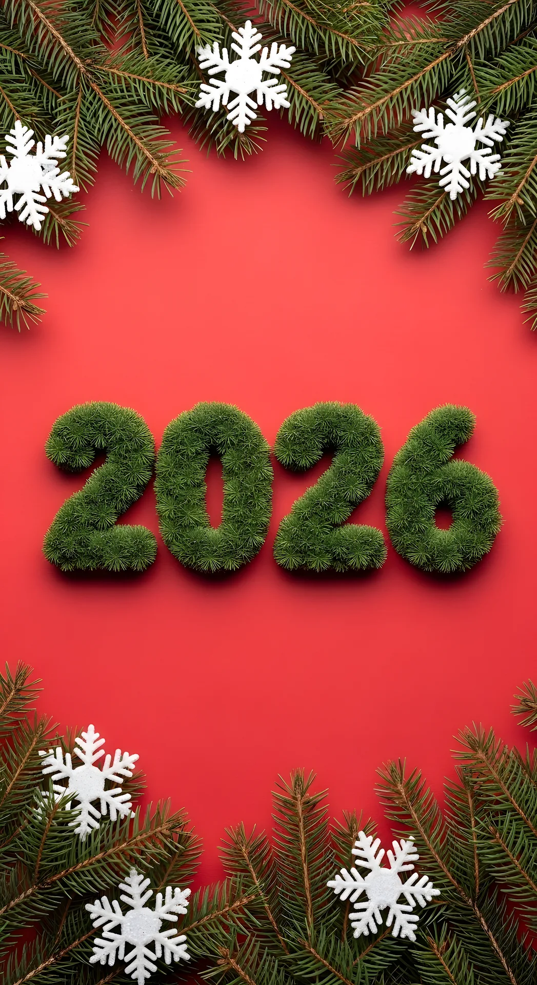 Christmas 2026 Typography with Pine Needles and Snowflakes - Free 4K mobile Wallpaper