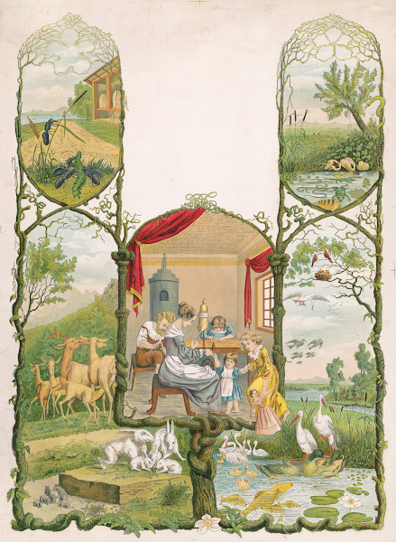 Scene of family working at home surrounded by scenes of forest animals 1894