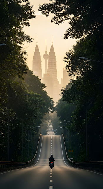Atmospheric Morning View of a Moped Rider on a Road Leading Towards a Hazy Kuala Lumpur Skyline - Free mobile Wallpaper
