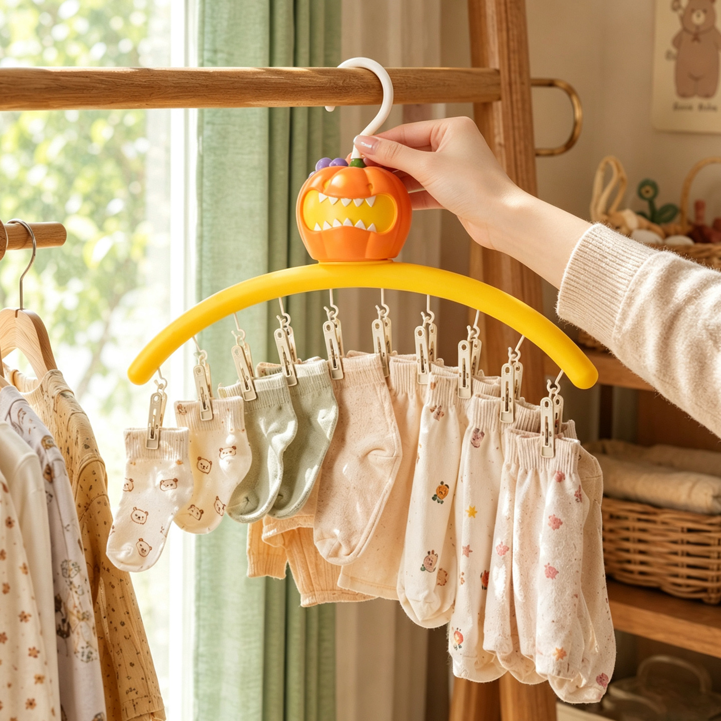Clothes rack with clips, pumpkin design