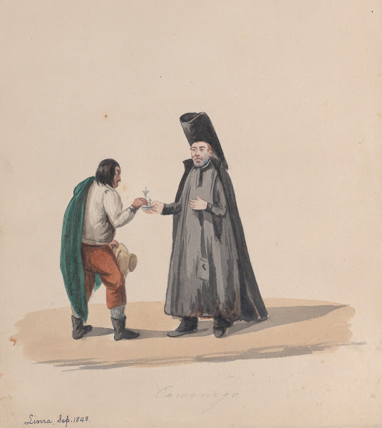 A canon handing a crucifix to a man ca 1848