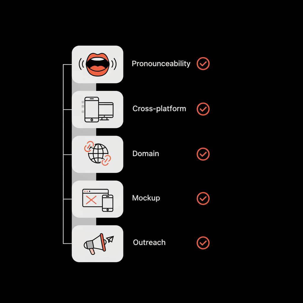 Vector checklist infographic showing five brand-colored icons for pronounceability, cross-platform, domain, mockup and outreach on black background — what to do if Instagram username is taken