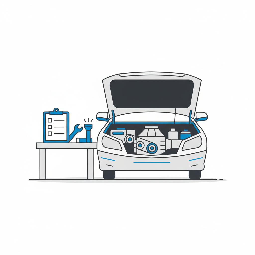 Minimalist vector of open car hood highlighting the transmission with a clipboard checklist and tools in CarFax Deals colors subaru wrx automatic for sale