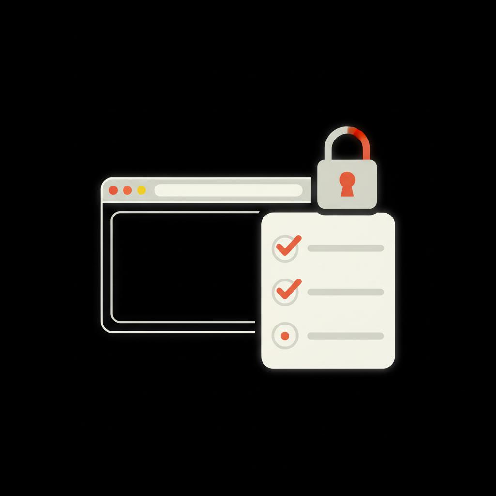 Minimal infographic of a browser window, checklist and VPN padlock icon illustrating how to leave Google review anonymously in brand colors #000000 #dddddd #edf1e9 with accent #dc5c2b