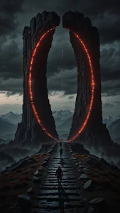 Travelers Walk Toward Glowing Portal in Mountains