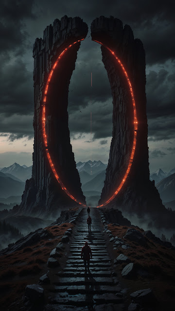 Travelers Walk Toward Glowing Portal in Mountains - Free mobile Wallpaper