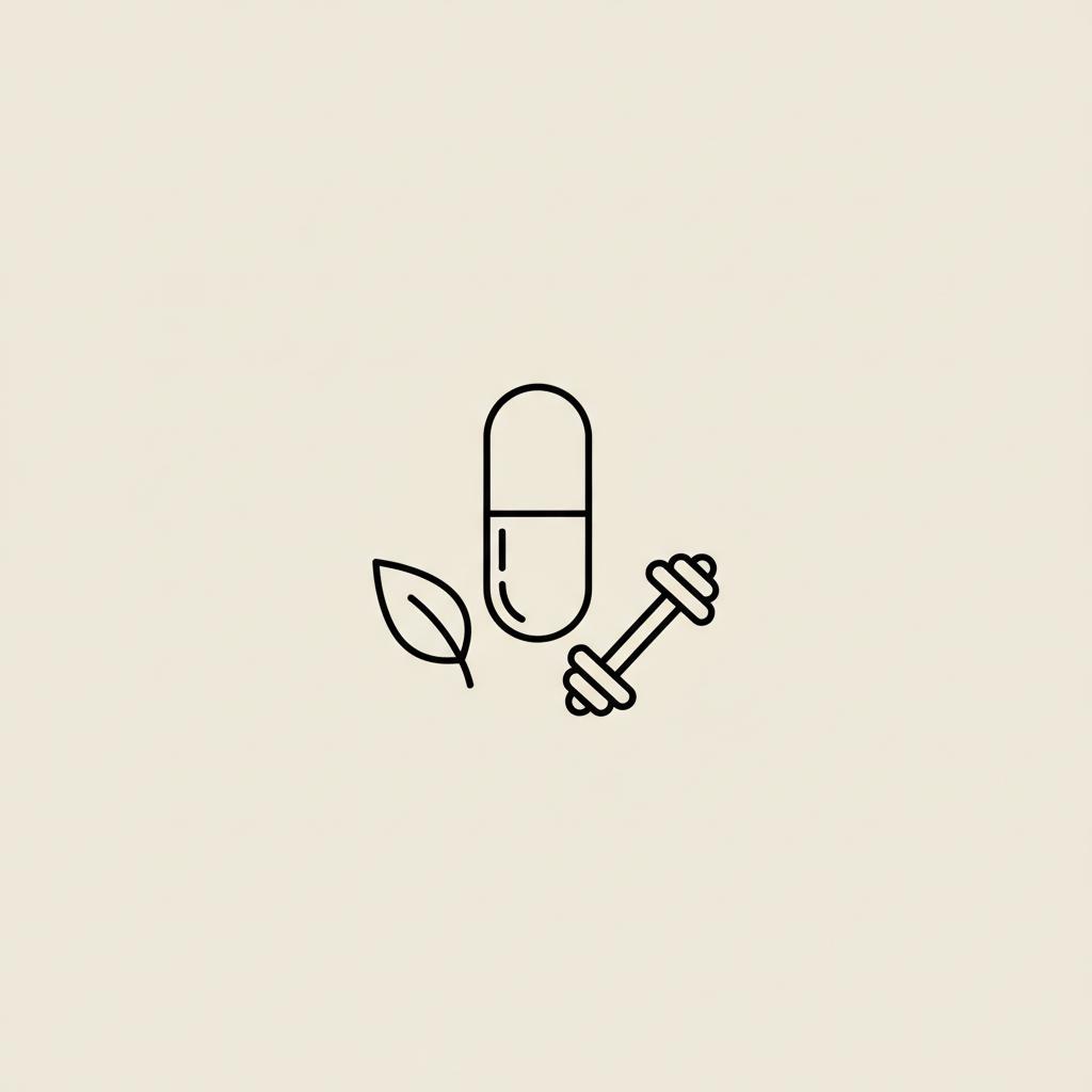 Minimalist line illustration of a capsule, small leaf, and dumbbell on beige background referencing nonalcoholic fatty liver life expectancy and healthy weight management.