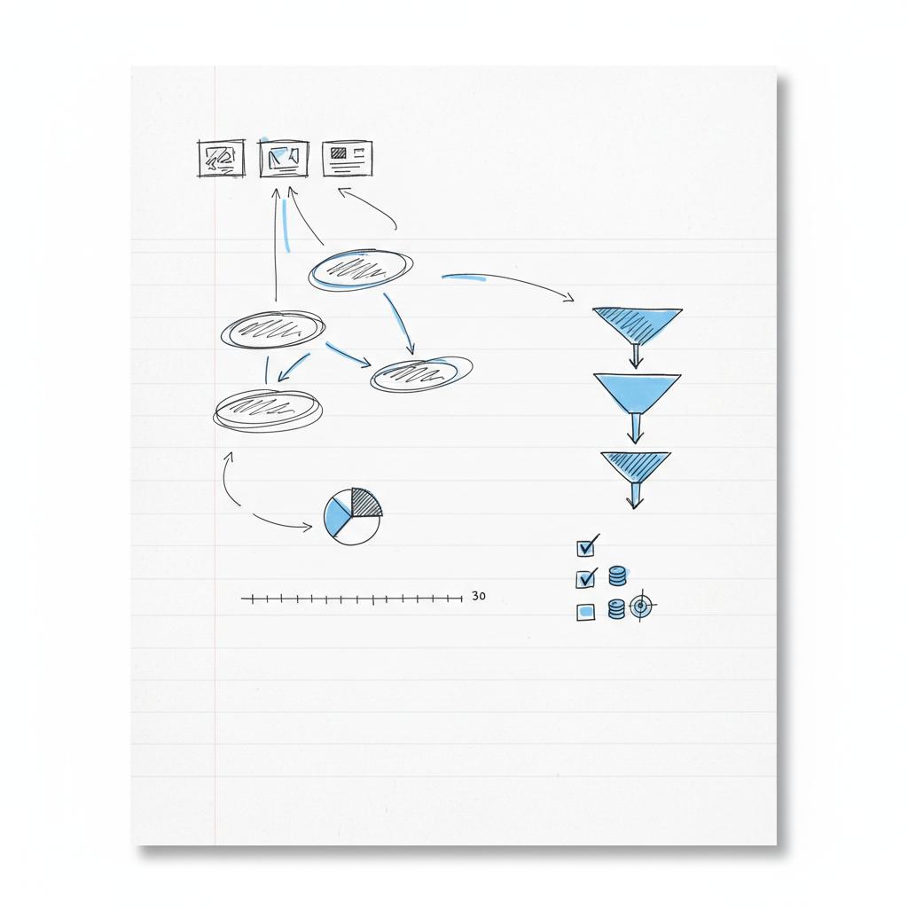 Hand-drawn notebook sketch of a 30-day ad test plan with three creative thumbnails, audience segmentation arrows and metric checklist &mdash; Are X ads good for small businesses?