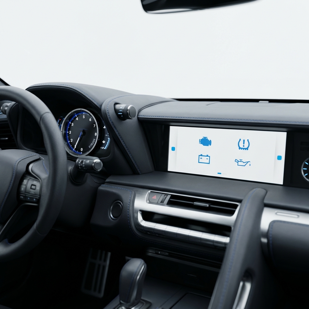 Interior dashboard close up of Lexus LC 500 showing infotainment screen and analog gauge cluster with blue inspection markers clean white background lexus lc 500 for sale