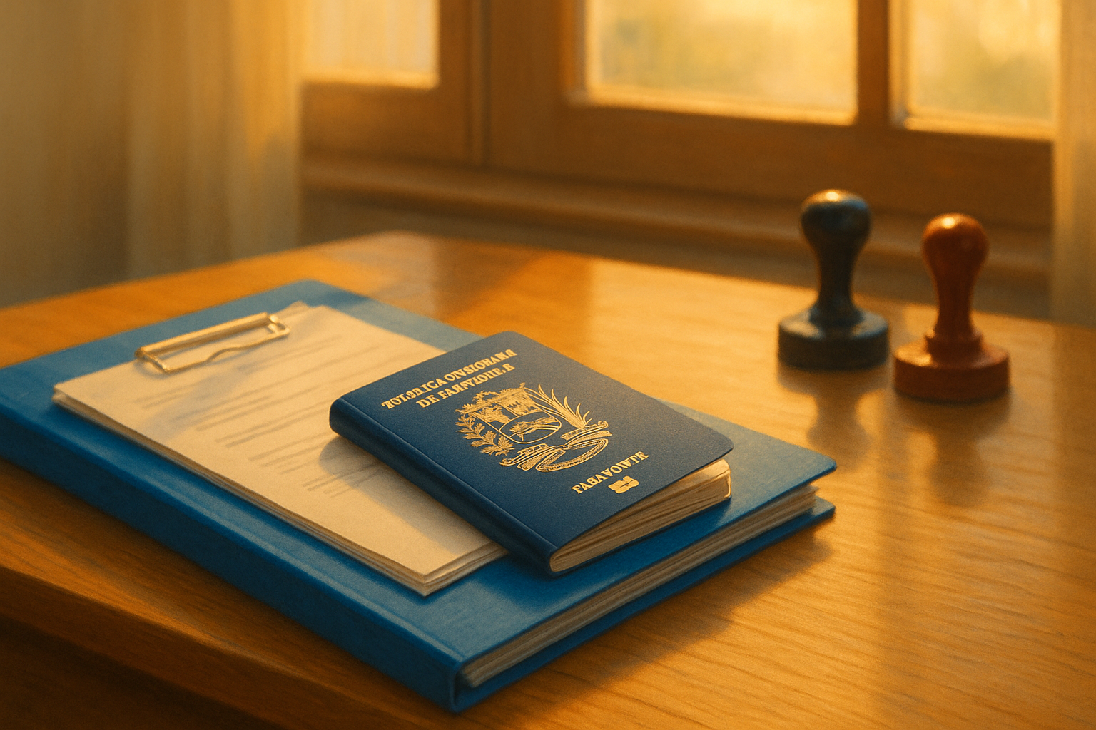 Carpeta de documentos y pasaporte sobre mesa, guía de apostilla en Venezuela